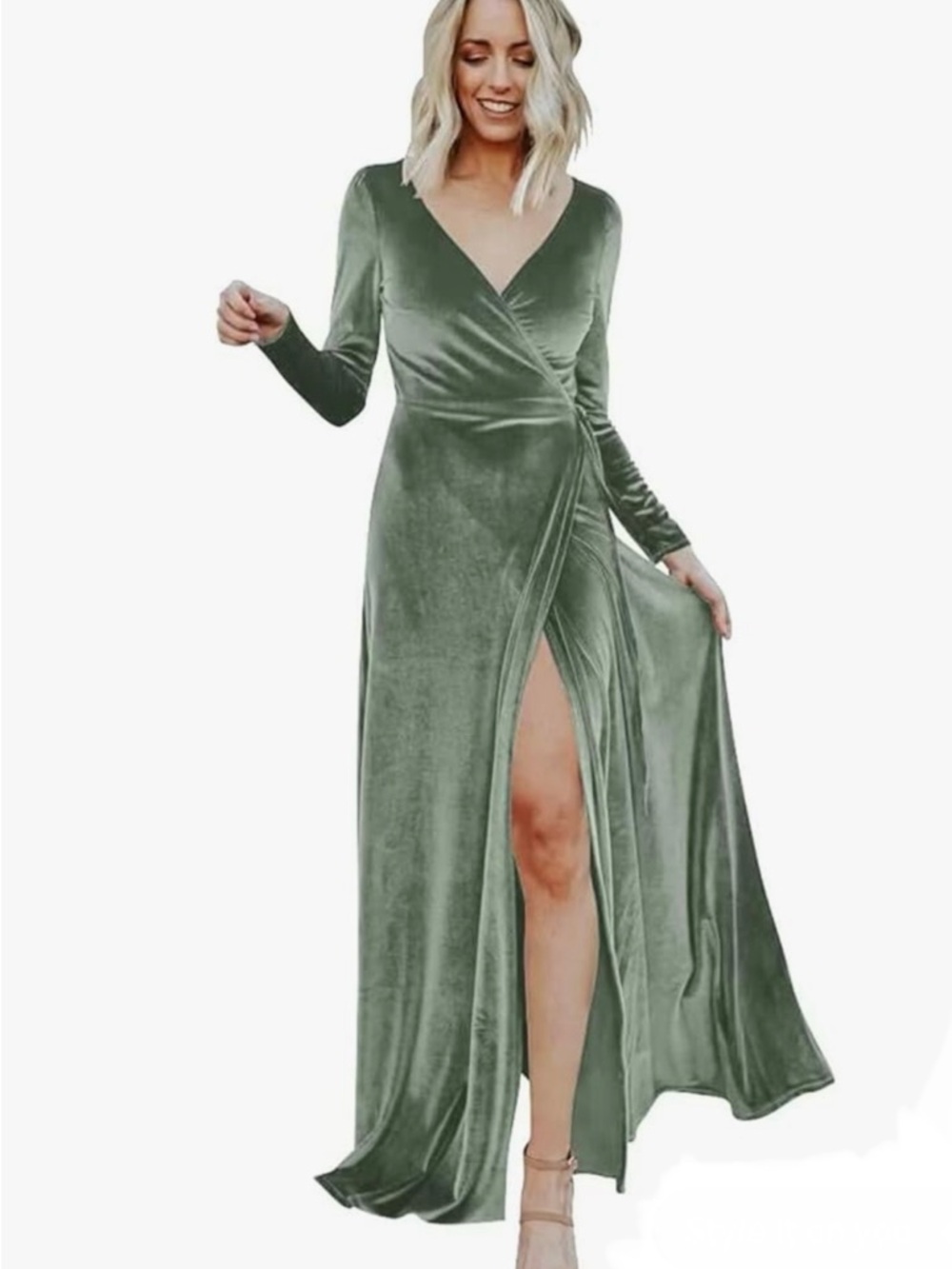 Elegant Olive Green Velvet Wrap Maxi Dress
